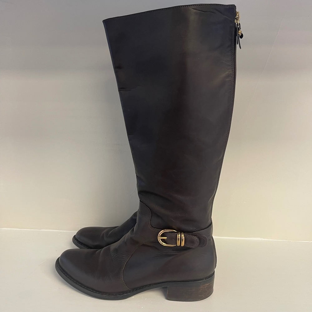 Via Spiga Womens Brown‎ Italian Leather Knee High Riding Boots Buckle Zip 10